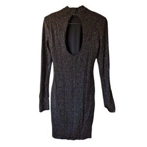 Black Metallic Sexy Long Sleeve Mini Dress with Keyhole Back